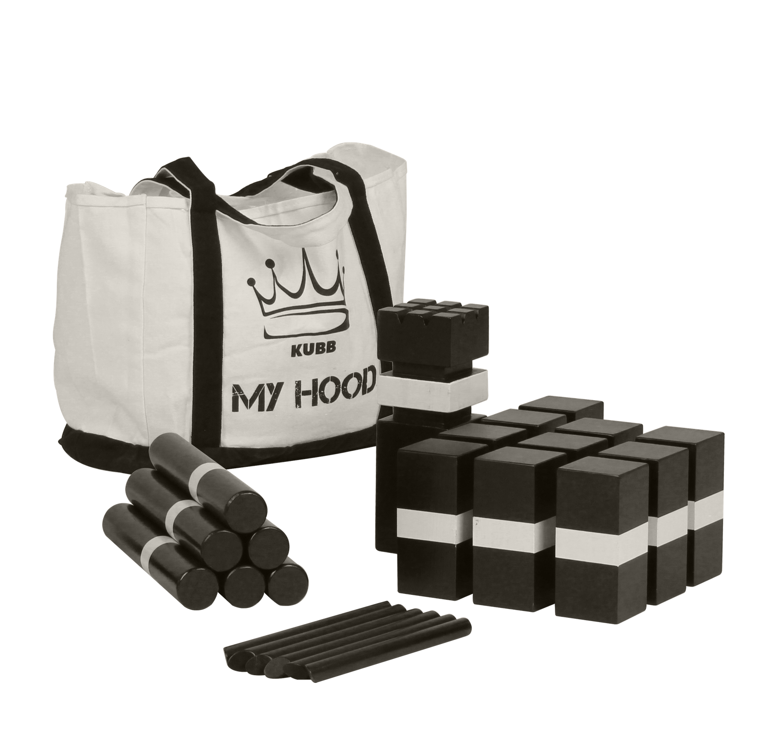Kubb Deluxe, hochwertiges, schwarzes Wikingerschach Spiel von My Hood, inklusive großer Tasche