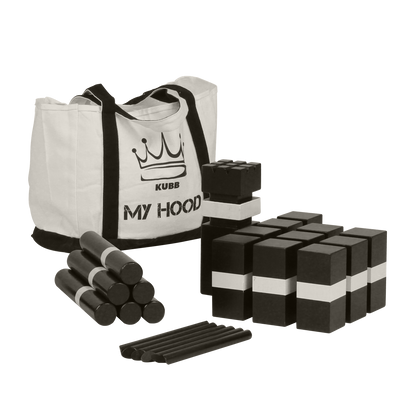 Kubb Deluxe, hochwertiges, schwarzes Wikingerschach Spiel von My Hood, inklusive großer Tasche